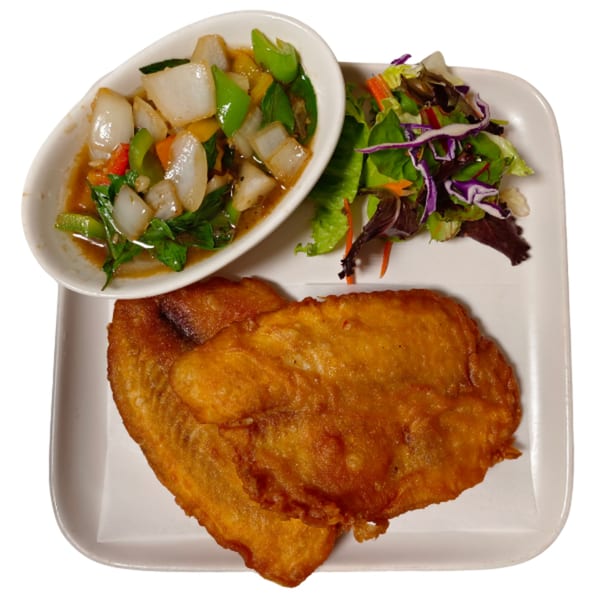 Crispy fried fish, a side salad, and a bowl of stir-fried vegetables with onions and peppers.