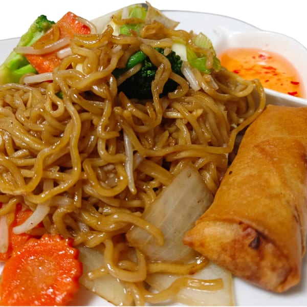 Thai stir-fried noodles with vegetables, an egg roll, and sweet chili sauce on a white plate.