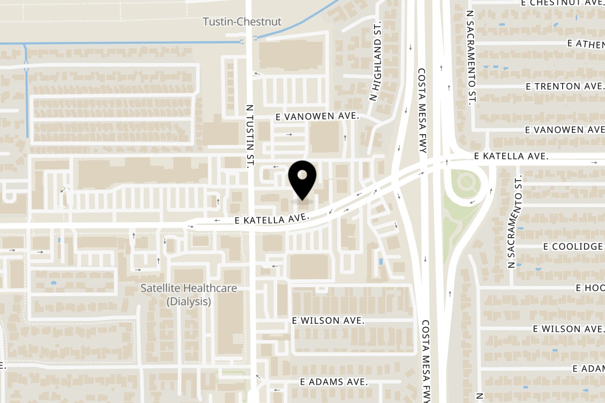 Map showing the location of Royal Thai Orchid Restaurant on 1315 N Tustin St B in Orange
